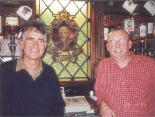 John Bamford and licensee Frank Findlow behind the bar, 1999