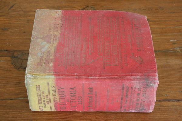 S_IMG_0980_directory_of_victoria_1953_c.JPG - Sands & McDougall's Directory of Victoria (Australia) 1953 - 3008 pages. Cover is worn and faded, all pages in very good condition. This book contains postal districts for Melbourne and most Victorian country towns, listing all streets with numbers and the name of residents. This is a wonderful book for anyone looking at family history - or researching the population,  professions and trades in Victoria nearly 60 years ago. $200.