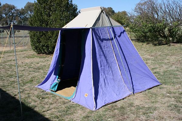 S_IMG_1822.JPG - Touring Tent - Kiwi Camping Company, Horizon Tent 9 X 9 feet (2740 X 2740 mm). Self supporting, heavy duty canvas and waterproof floor. Doorway and rear window have mesh to keep insects out. Complete with all poles, ropes, pegs and bags to carry everything. Bought 1997, little used. Very good condition. Pick Up Only. $ 250.